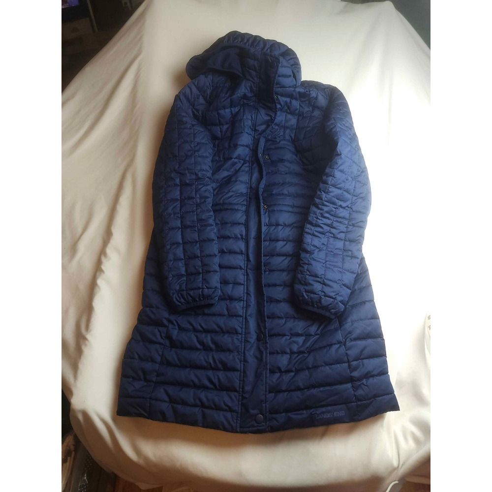 Lands End Womens Navy Blue Quilted Hooded Puffer Parka Coat Size S 6-8